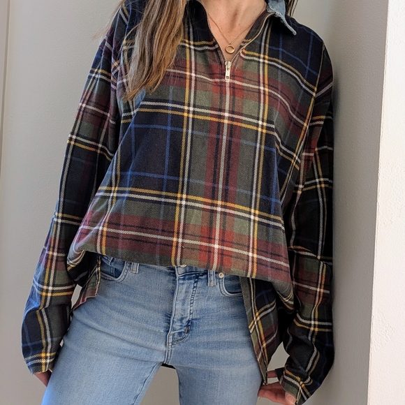 Eddie Bauer Tops - Vintage Eddie Bauer Denim Collared Plaid Zipper Front Henley Shirt In Black/Blue